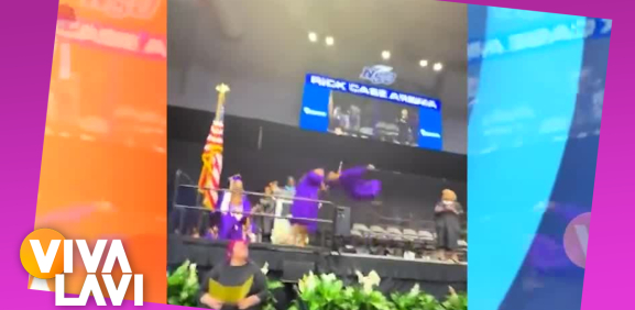 Joven hace voltereta y golpea a compañera en graduación