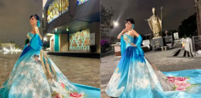 Maribel Guardia usa vestido con el rostro de su hijo