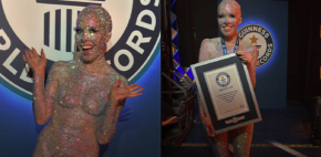 Mujer rompe récord al usar 74,880 diamantes en su cuerpo