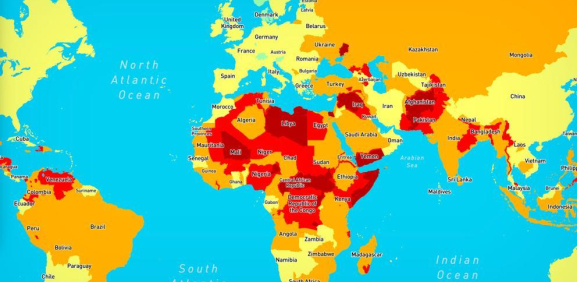 Conoce el mapa que muestra los países más peligrosos del mundo para viajar