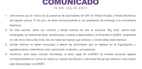 AJEMEX desmiente embargo del SAT a planta de Big Cola en Huejotzingo