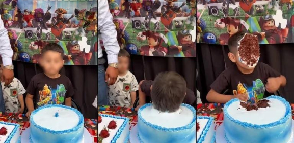 Niño se hace viral por la reacción al momento de partir el pastel